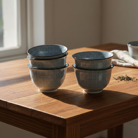 Set de 5 tasses à thé japonaises Yugen lab en céramique blanche et bleue avec motif tokusa sur une table en bois