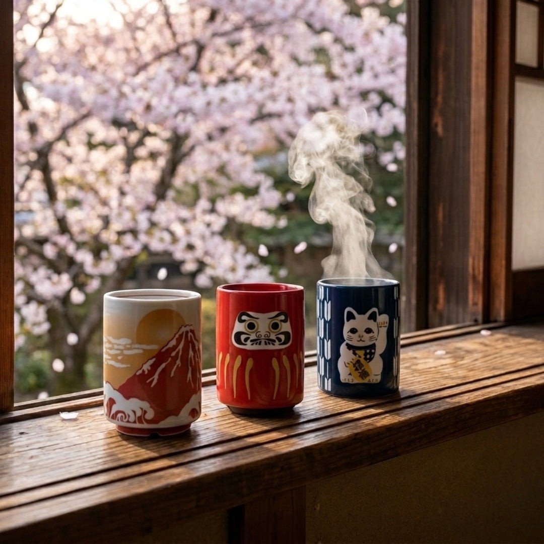 Trois tasses Yunomi en porcelaine Yugen lab avec motifs Mont Fuji, Daruma rouge et Maneki Neko bleu devant des cerisiers