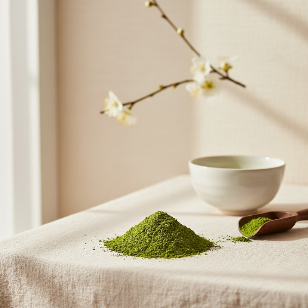Poudre de thé matcha Yugen lab vert vif sur une table avec un bol en céramique et une cuillère en bois