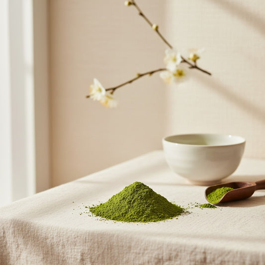 Poudre de thé matcha Yugen lab vert vif sur une table avec un bol en céramique et une cuillère en bois