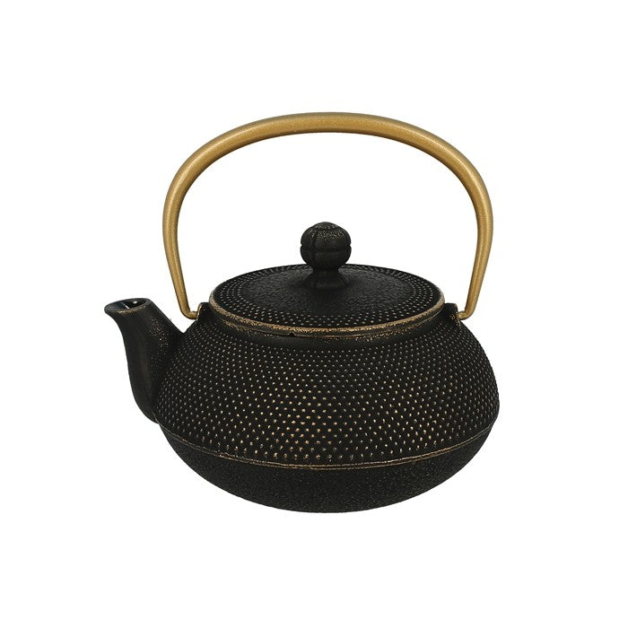 Théière en fonte noire Yugen lab avec motif araré traditionnel et anse dorée élégante