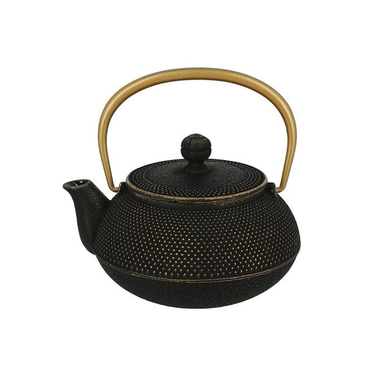 Théière en fonte noire Yugen lab avec motif araré traditionnel et anse dorée élégante