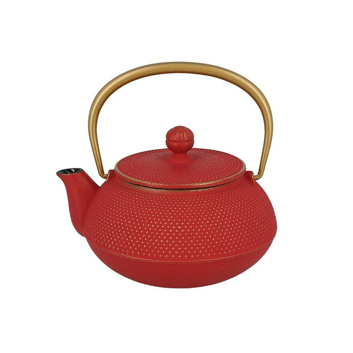 Théière en fonte rouge Yugen lab avec motif araré et anse dorée, style traditionnel japonais