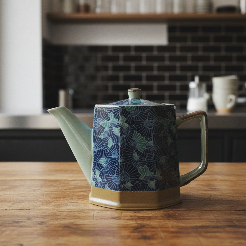 Théière japonaise Yugen lab à motifs éventails bleus et verts avec bec verseur blanc et socle marron sur table bois