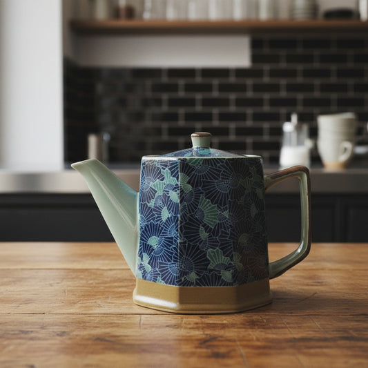 Théière japonaise Yugen lab à motifs éventails bleus et verts avec bec verseur blanc et socle marron sur table bois