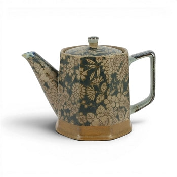 Théière japonaise Yugen lab Rappa en céramique brune et crème avec un motif floral détaillé et une anse angulaire