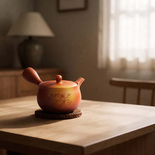 Orange-red Tokoname kyusu teapot with an engraved peony on a trivet, on a wooden table