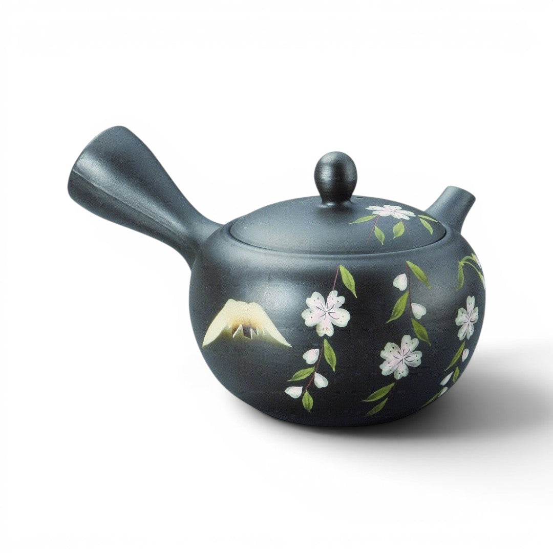 Théière Yugen lab Tokoname en argile noire artisanale avec motif de fleurs de cerisier Sakura peint à la main