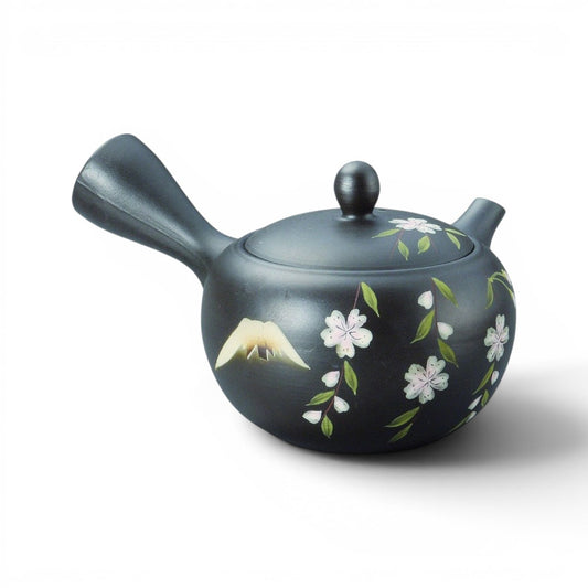 Théière Yugen lab Tokoname en argile noire artisanale avec motif de fleurs de cerisier Sakura peint à la main