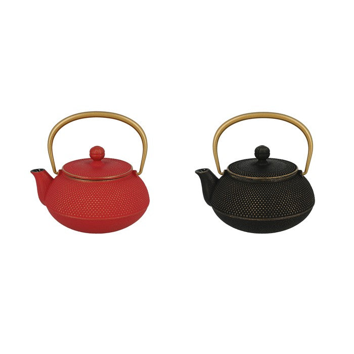 Théières japonaises en fonte Yugen lab rouge et noire avec motif araré et anse dorée, contenance 0,65 L