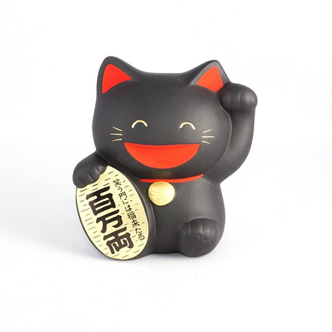 Tirelire chat porte-bonheur Maneki Neko noir en céramique avec patte levée, style traditionnel par Yugen lab