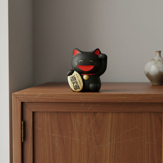 Tirelire chat porte-bonheur noir Yugen lab en céramique avec patte levée posée sur un meuble en bois