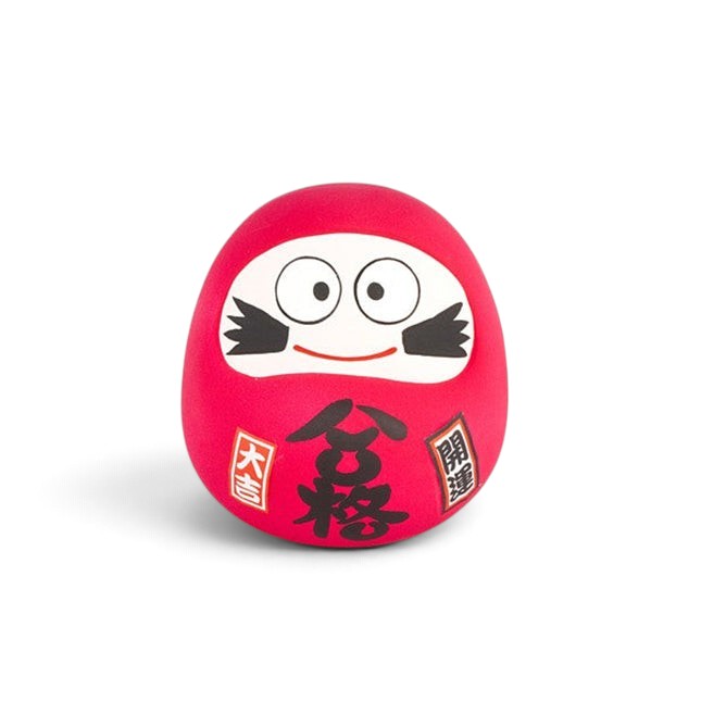 Tirelire Daruma rouge Yugen lab avec visage souriant et calligraphie japonaise noire sur fond blanc