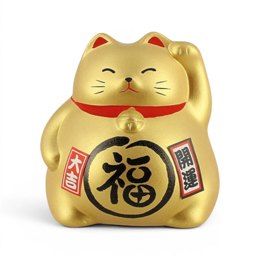 Tirelire Maneki Neko dorée Yugen lab, chat porte-bonheur japonais avec patte levée et calligraphie traditionnelle