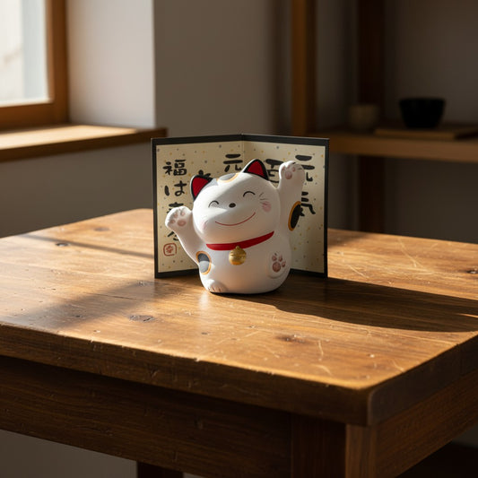 Tirelire Maneki Neko en porcelaine blanche Yugen lab posée sur une table en bois avec un paravent japonais en fond
