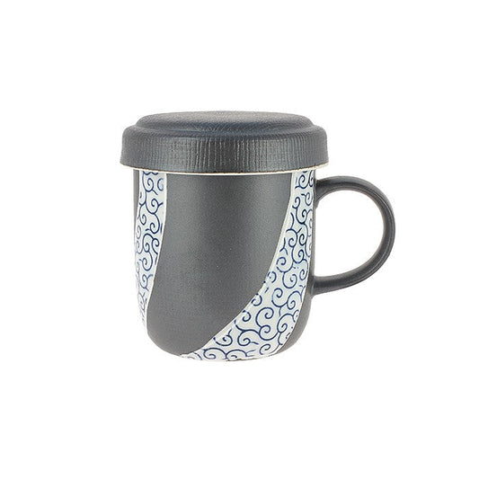 Tisanière Yugen lab en céramique noire avec couvercle et motif traditionnel japonais bleu et blanc