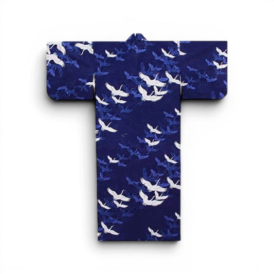 Yukata Yugen lab bleu marine avec motif traditionnel de cigognes blanches en vol, vêtement japonais léger en coton