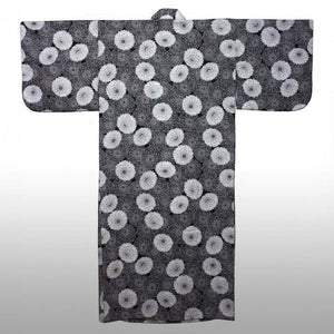 Yukata Yugen lab en coton noir et blanc avec motif de fleurs de chrysanthème, vêtement japonais unisexe