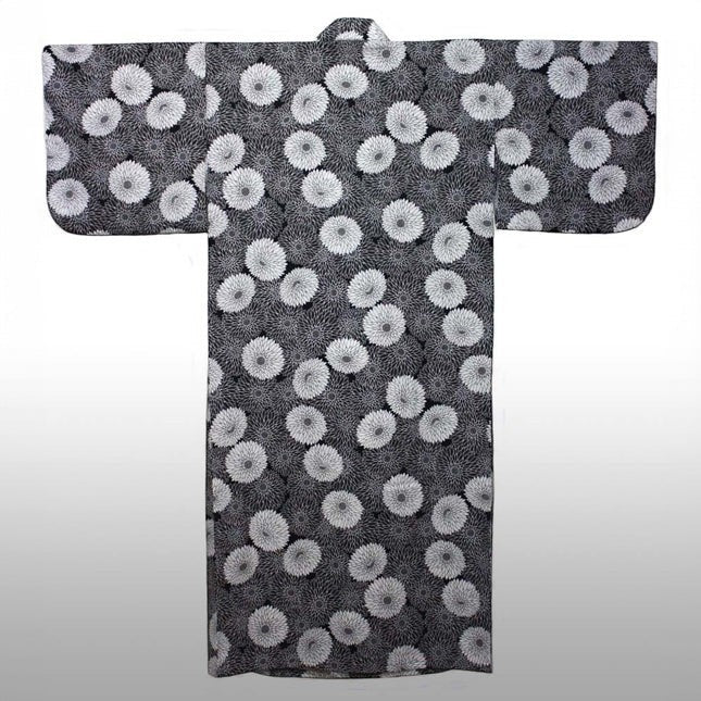 Yukata Yugen lab en coton noir et blanc avec motif de fleurs de chrysanthème, vêtement japonais unisexe