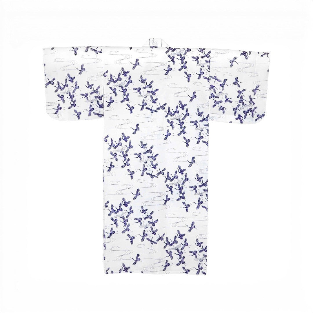 Yukata Yugen lab blanc en coton avec motif traditionnel de cigognes bleues et ceinture obi incluse