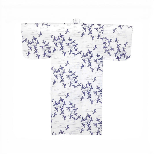 Yukata Yugen lab blanc en coton avec motif traditionnel de cigognes bleues et ceinture obi incluse