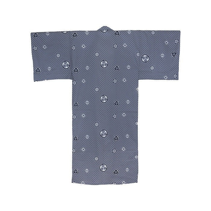 Yukata Yugen lab bleu en coton avec motifs traditionnels kamon et fleurs stylisées, vue de dos