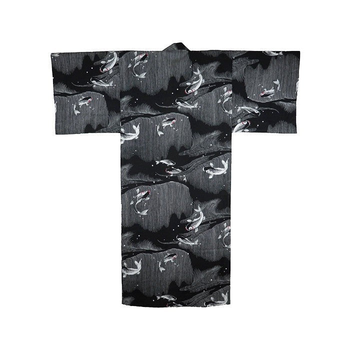 Yukata koï Yugen lab unisexe noir avec motif de carpes japonaises, vêtement traditionnel léger et fluide.