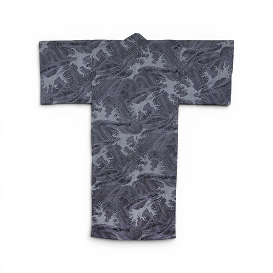 Yukata Yugen lab mauve avec motif traditionnel de vagues japonaises, livré avec ceinture obi assortie